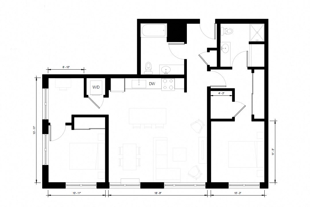 Floor plan for 2 beds, 2 baths, 1156 sqft